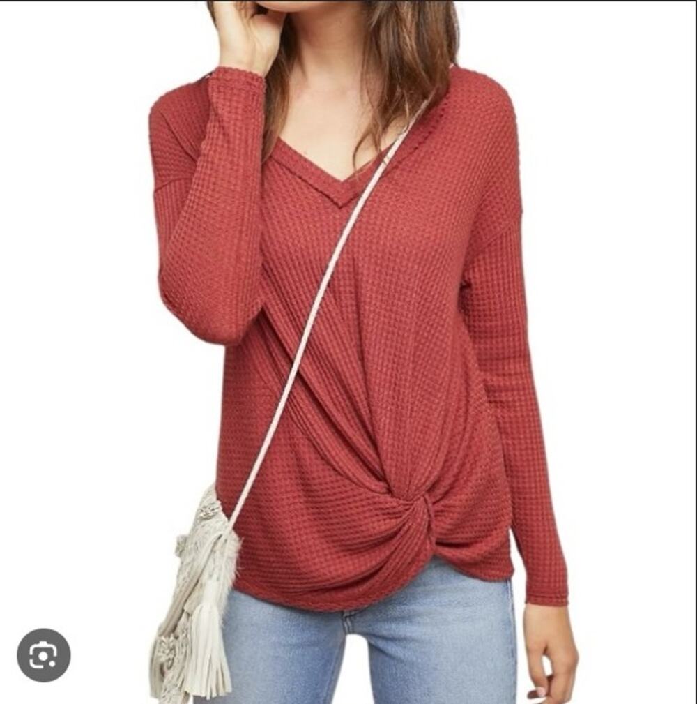 Anthropologie Akemi + Kim Rust Waffle Knit Long-Sleeve XSP Front Tie Boho Chic